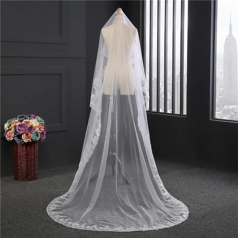 Voiles de Mariage 1 couche Tulle Bord en dentelle Voiles de mariée chappelle Paillettes Appliqué TS91034