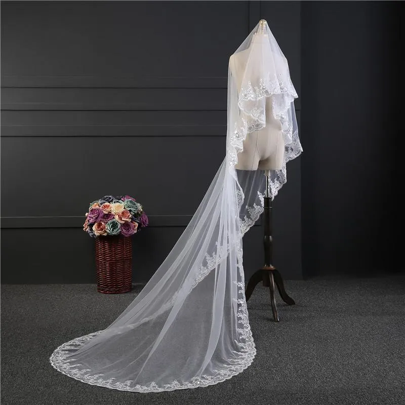 Voiles de Mariage 1 couche Tulle Bord en dentelle Voiles de mariée chappelle Paillettes Appliqué TS91034