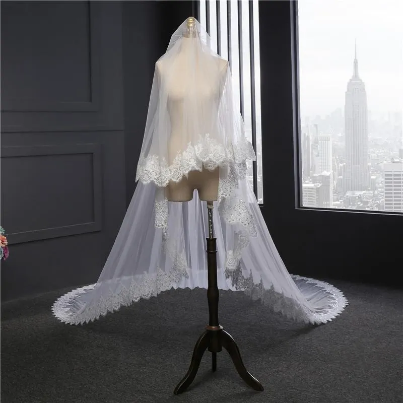 Voiles de Mariage 2 couches Bord en dentelle Tulle Voiles de mariée cathédrale Appliqué TS9001