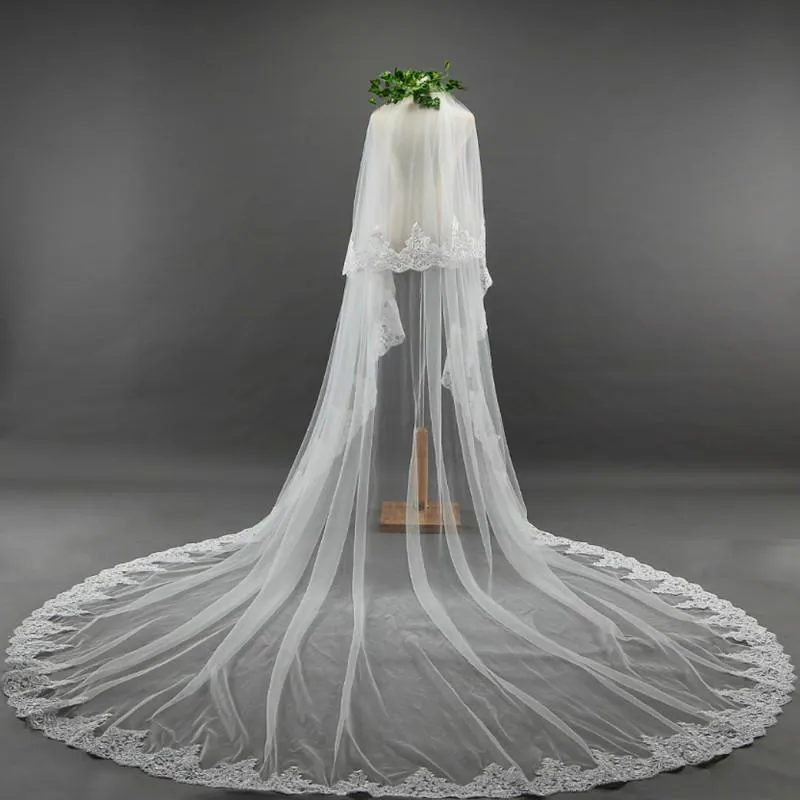 Voiles de Mariage 2 couches Bord en dentelle Tulle Voiles de mariée cathédrale Appliqué TS9006