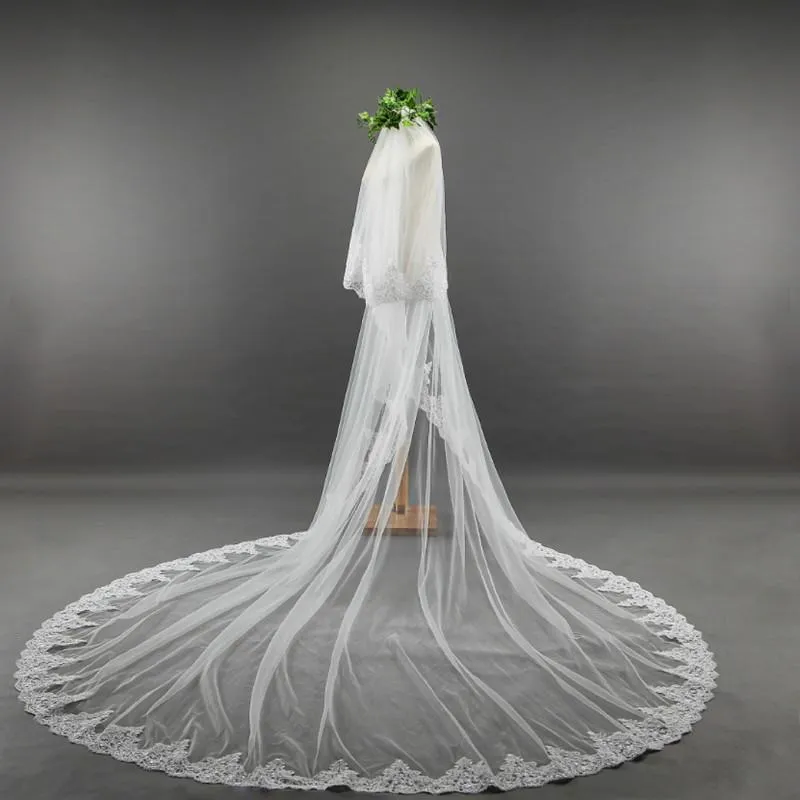 Voiles de Mariage 2 couches Bord en dentelle Tulle Voiles de mariée cathédrale Appliqué TS9006