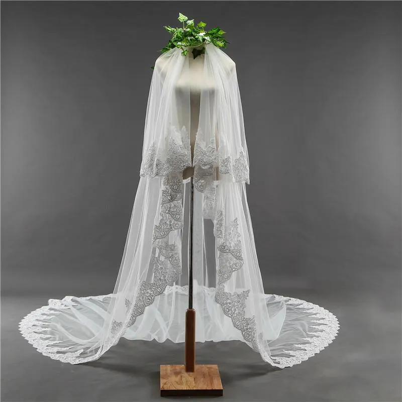 Voiles de Mariage 2 couches Bord en dentelle Tulle Voiles de mariée cathédrale Appliqué TS9006