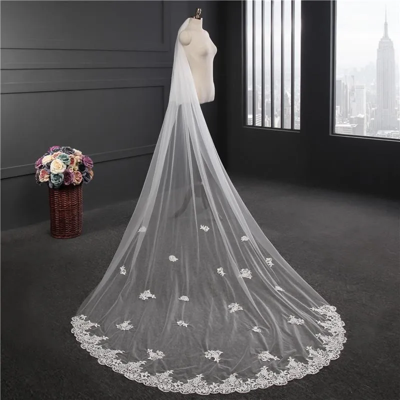 Voiles de Mariage 2 couches Bord en dentelle Tulle Voiles de mariée cathédrale Appliqué TS9008