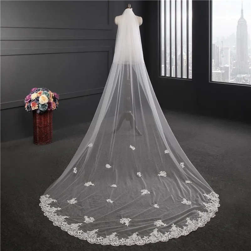 Voiles de Mariage 2 couches Bord en dentelle Tulle Voiles de mariée cathédrale Appliqué TS9008