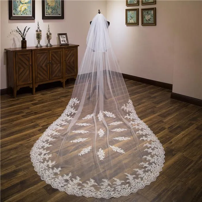 Voiles de Mariage 2 couches Bord en dentelle Tulle Voiles de mariée cathédrale Appliqué TS9012