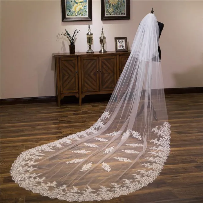 Voiles de Mariage 2 couches Bord en dentelle Tulle Voiles de mariée cathédrale Appliqué TS9012