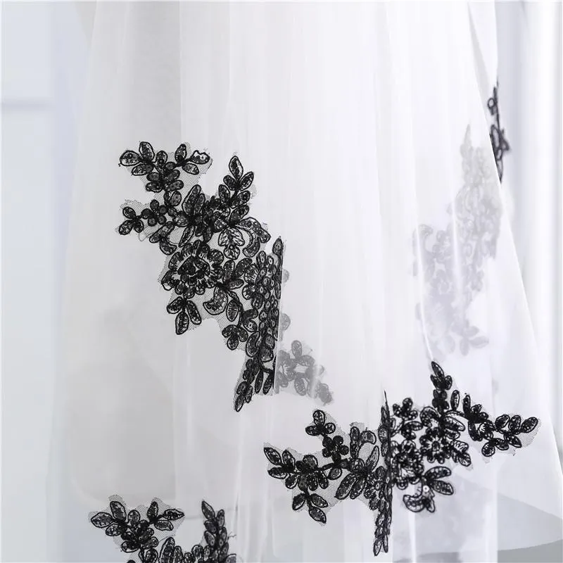 Voiles de Mariage 2 couches Tulle Bord en dentelle Voile de mariée longueur coude Noir Appliqué TS91008