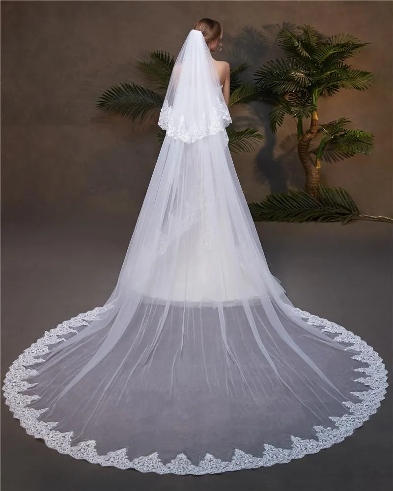 Voiles de Mariage 2 couches Tulle Bord en dentelle Voiles de mariée cathédrale Appliqué TS91013