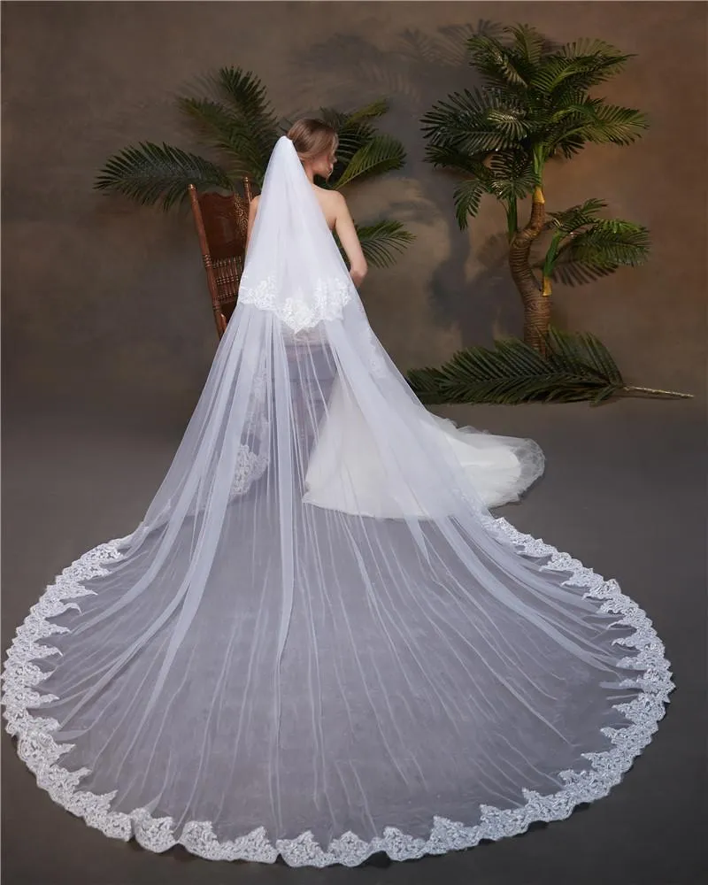 Voiles de Mariage 2 couches Tulle Bord en dentelle Voiles de mariée cathédrale Appliqué TS91013