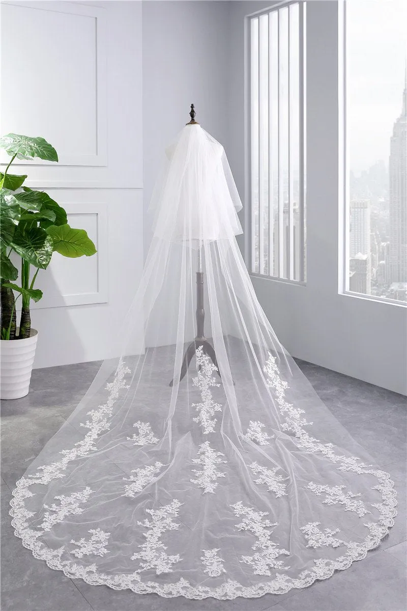 Voiles de Mariage 2 couches Tulle Bord en dentelle Voiles de mariée cathédrale Appliqué TS91027