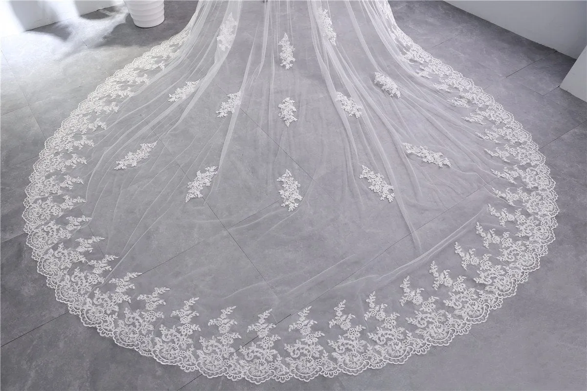 Voiles de Mariage 2 couches Tulle Bord en dentelle Voiles de mariée cathédrale Appliqué TS91029