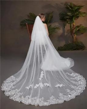 Voiles de Mariage 2 couches Tulle Bord en dentelle Voiles de mariée cathédrale Paillettes Appliqué  TS91014