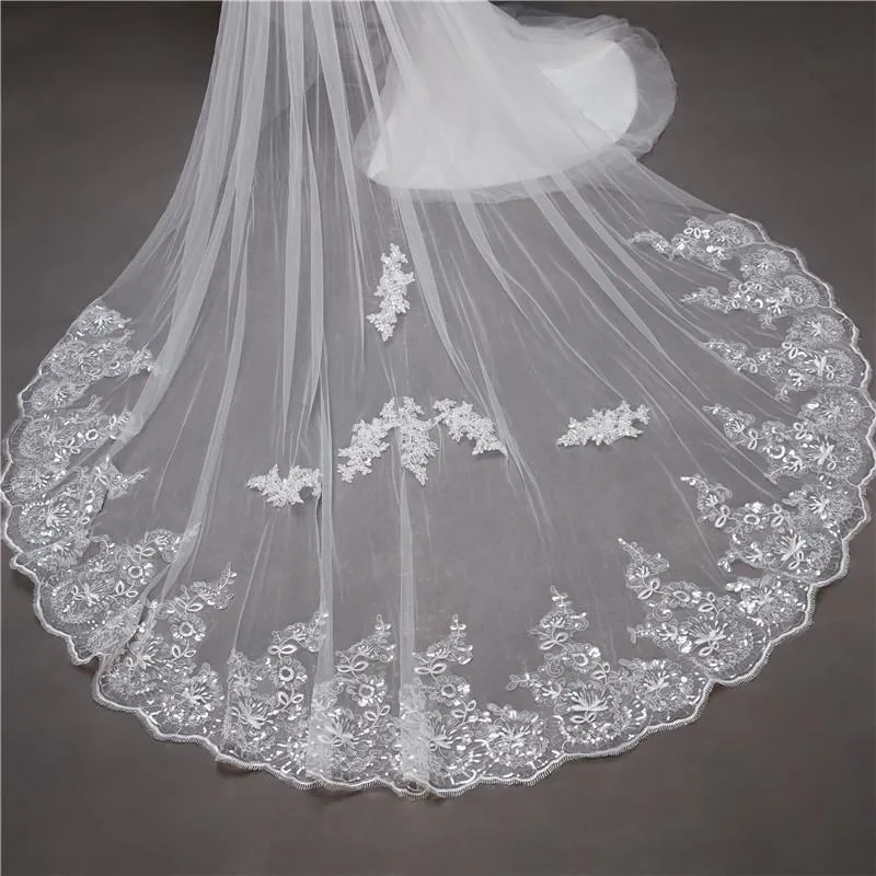 Voiles de Mariage 2 couches Tulle Bord en dentelle Voiles de mariée cathédrale Paillettes Appliqué  TS91014