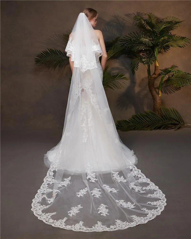 Voiles de Mariage 2 couches Tulle Bord en dentelle Voiles de mariée chappelle Appliqué TS91006