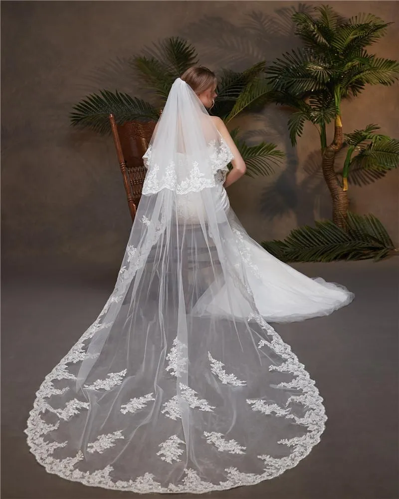 Voiles de Mariage 2 couches Tulle Bord en dentelle Voiles de mariée chappelle Appliqué TS91006