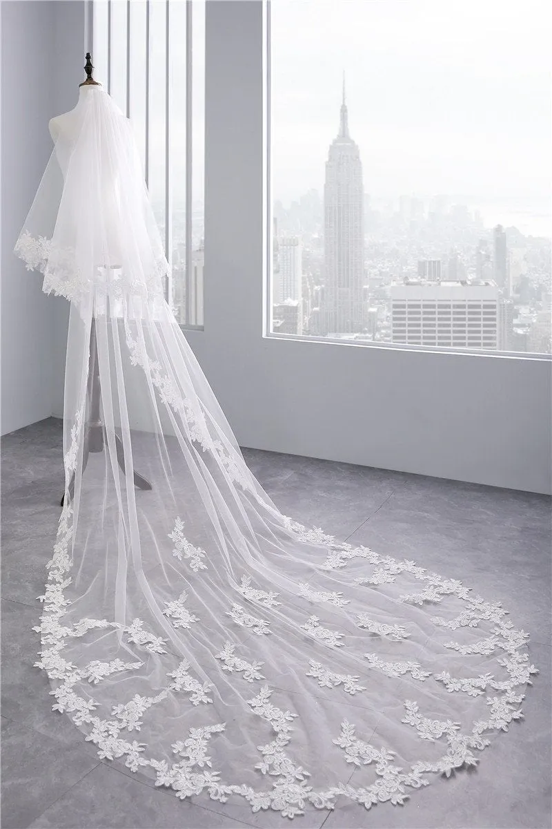 Voiles de Mariage 2 couches Tulle Bord en dentelle Voiles de mariée chappelle Appliqué TS91007