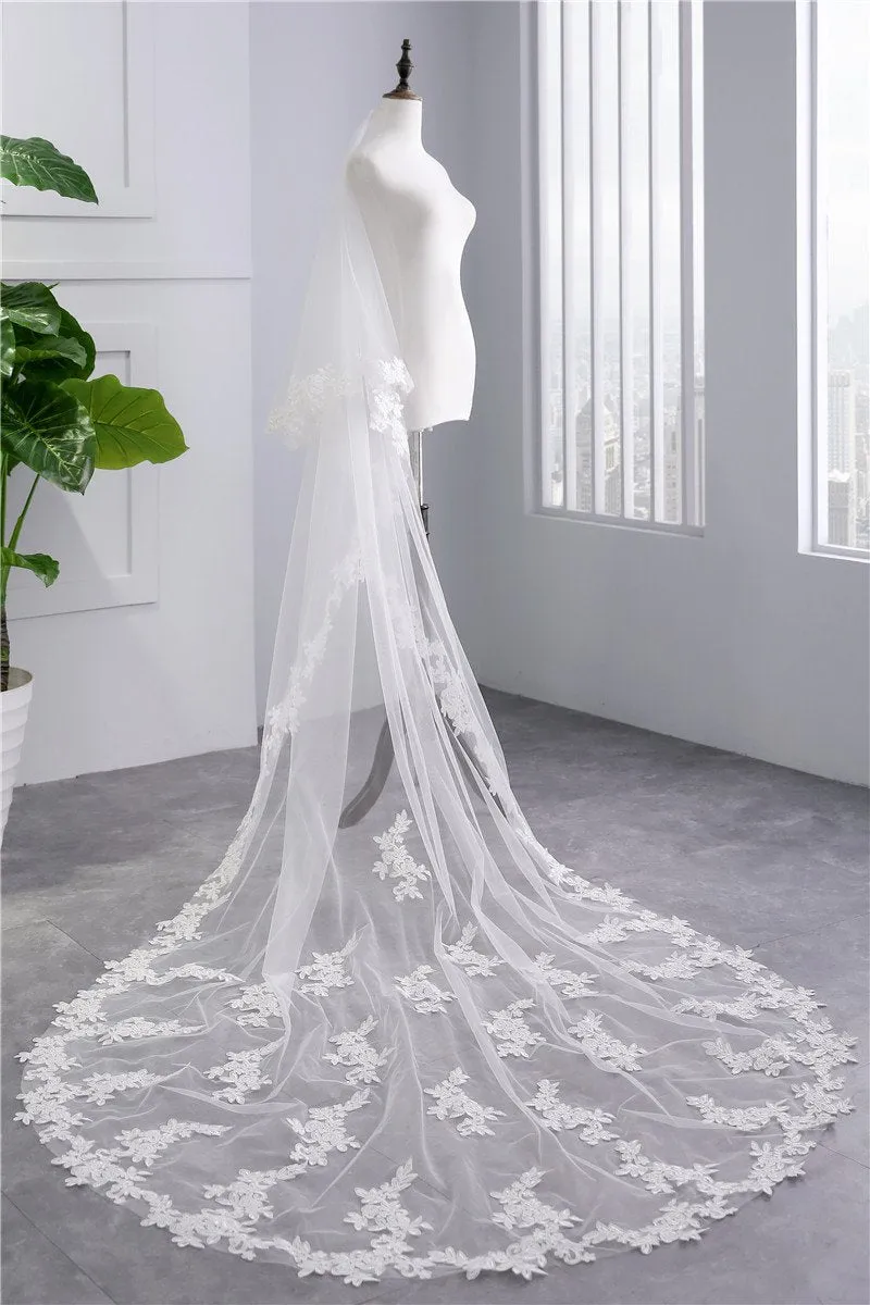 Voiles de Mariage 2 couches Tulle Bord en dentelle Voiles de mariée chappelle Appliqué TS91007