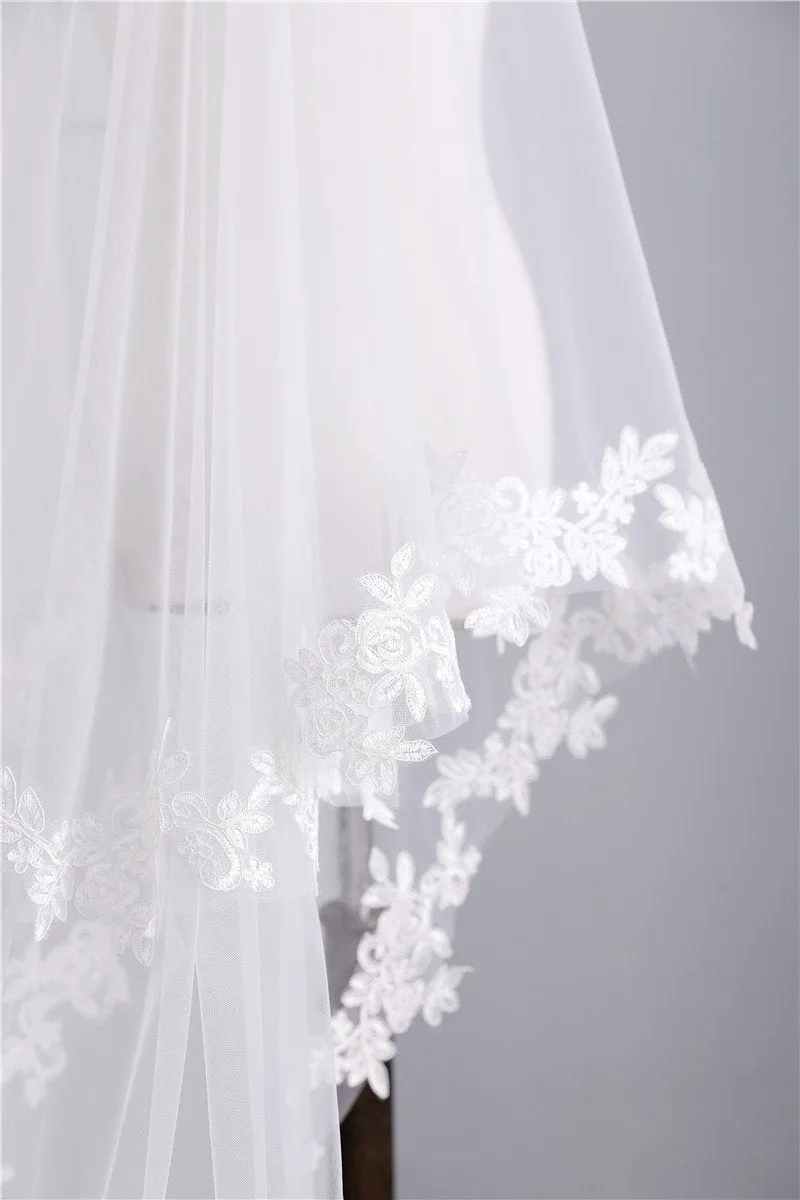 Voiles de Mariage 2 couches Tulle Bord en dentelle Voiles de mariée chappelle Appliqué TS91007