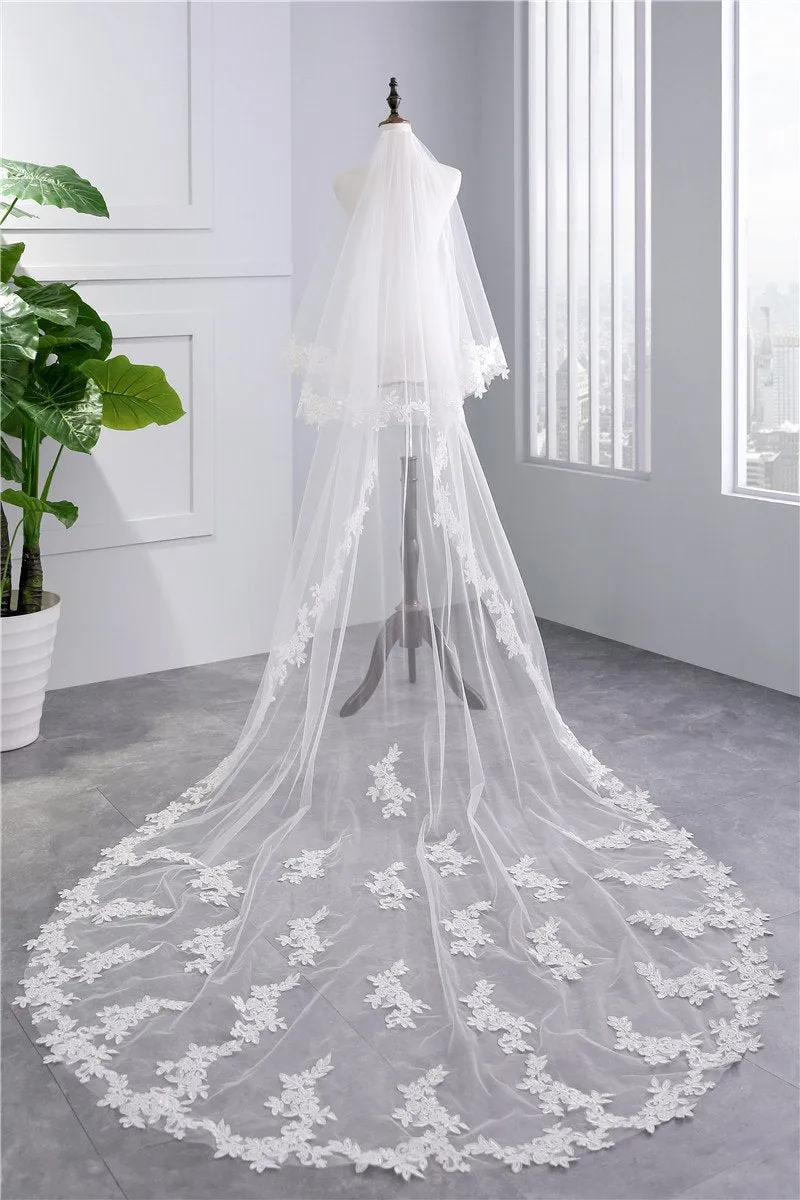 Voiles de Mariage 2 couches Tulle Bord en dentelle Voiles de mariée chappelle Appliqué TS91007