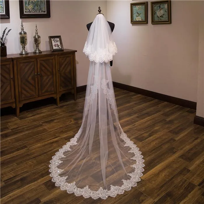 Voiles de Mariage 2 couches Tulle Bord en dentelle Voiles de mariée chappelle Appliqué TS91009