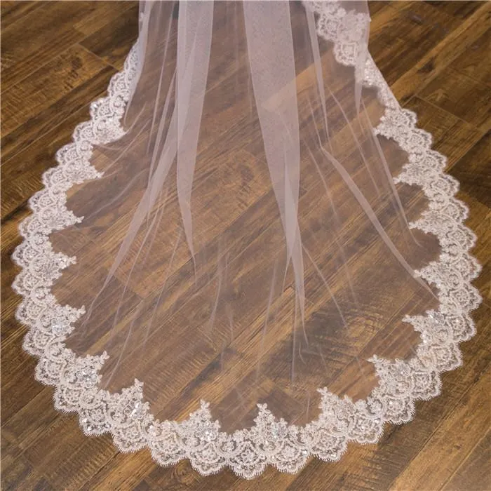 Voiles de Mariage 2 couches Tulle Bord en dentelle Voiles de mariée chappelle Appliqué TS91009