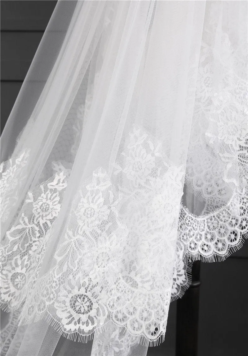 Voiles de Mariage 2 couches Tulle Bord en dentelle Voiles de mariée chappelle Appliqué TS91024