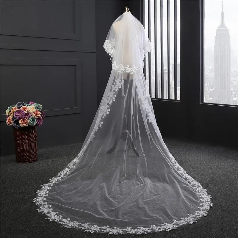 Voiles de Mariage 2 couches Tulle Bord en dentelle Voiles de mariée chappelle Appliqué TS91037