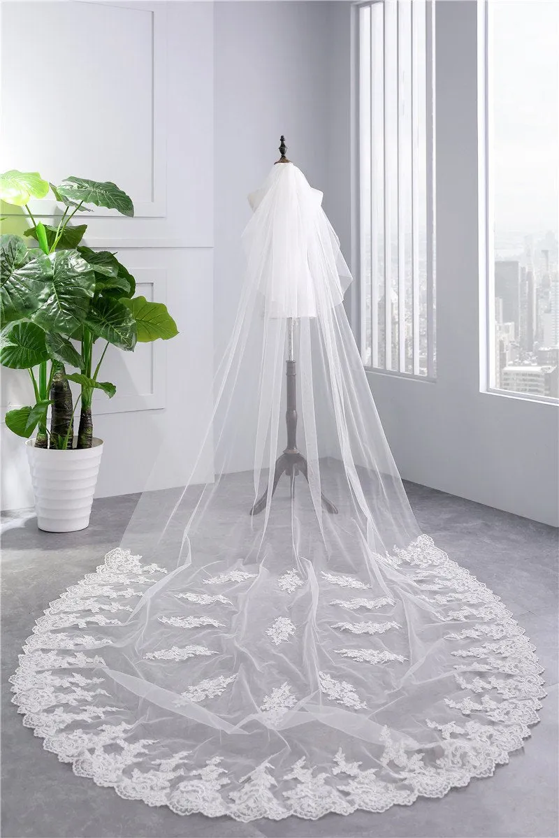 Voiles de Mariage 2 couches Tulle Bord en dentelle Voiles de mariée chappelle Appliqué TS91047