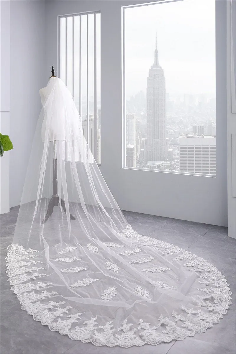 Voiles de Mariage 2 couches Tulle Bord en dentelle Voiles de mariée chappelle Appliqué TS91047