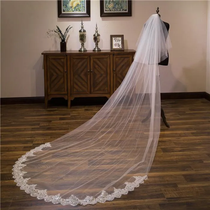 Voiles de Mariage 2 couches Tulle Bord en dentelle Voiles de mariée chappelle Paillettes Appliqué TS91033