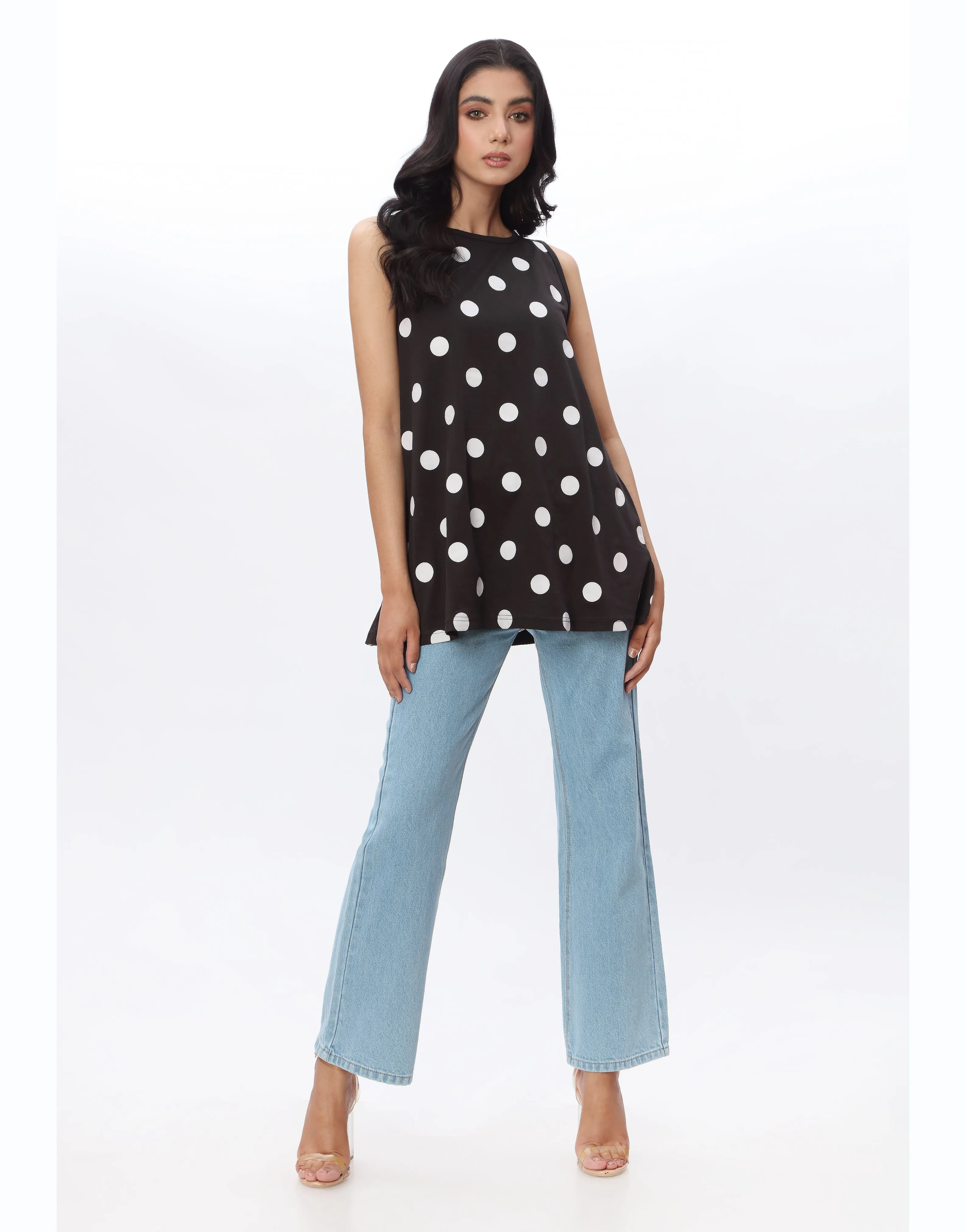 White Polka Dots Sleeveless Black Top Boohoo